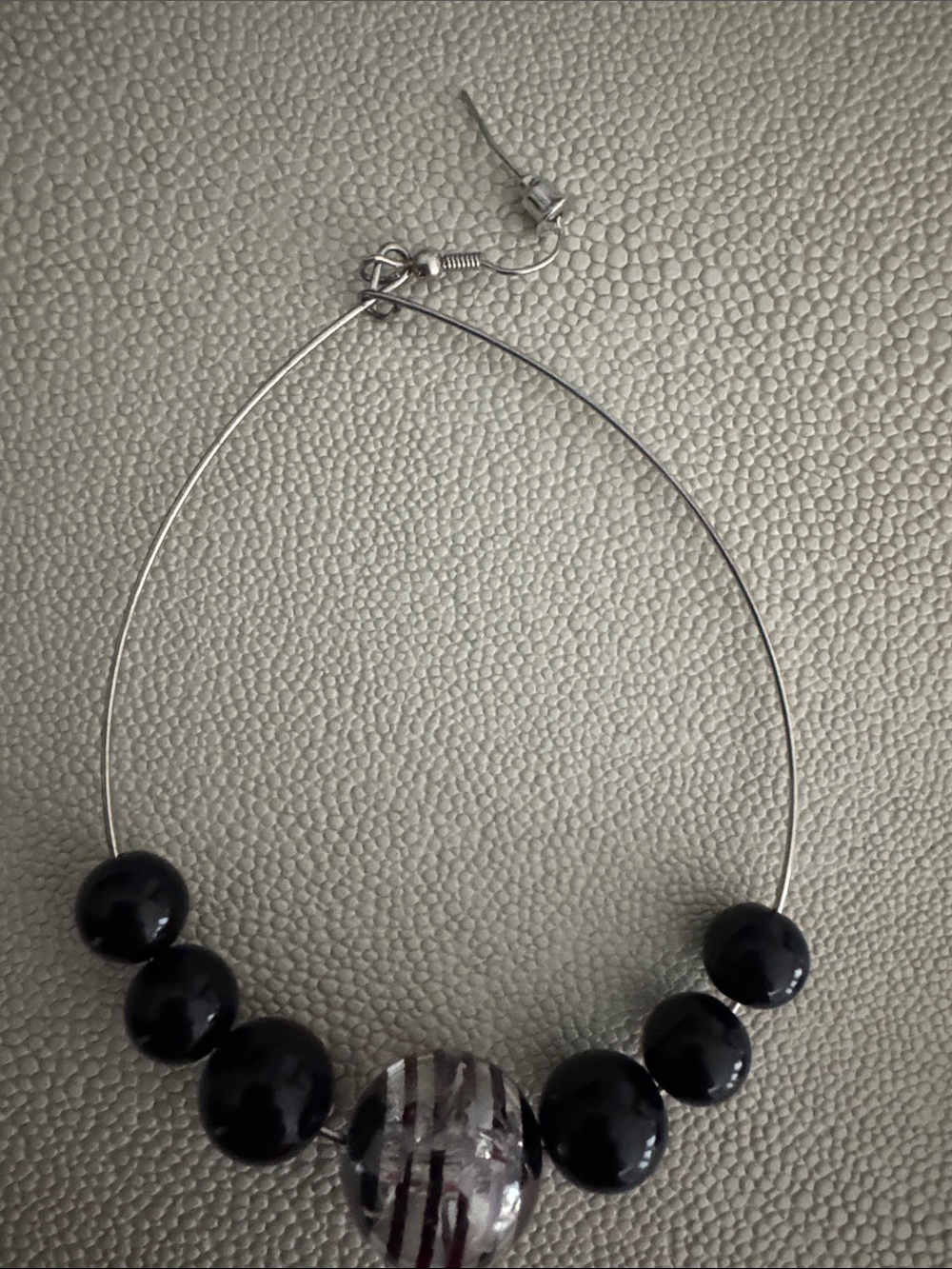 Silver Hoop Earrings with Black Beads and Striped Accent Bead - Picture 2 of 4